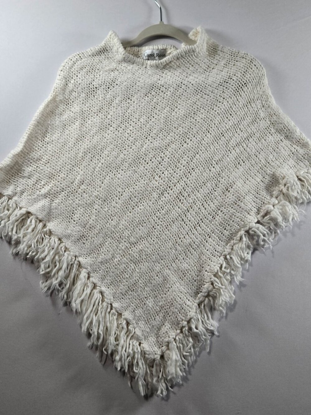 Carol Rose Cream Knit Poncho Womens One Size Fringe Boho Cape 100% Acrylic
